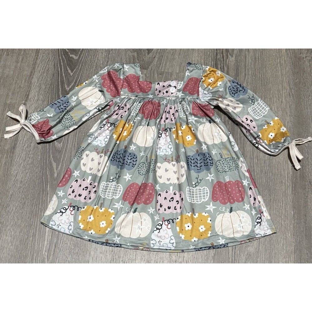 Okie & Lou Girls Pumpkin Print Long Sleeve Dress Size XS  Fall/Thanksgiving